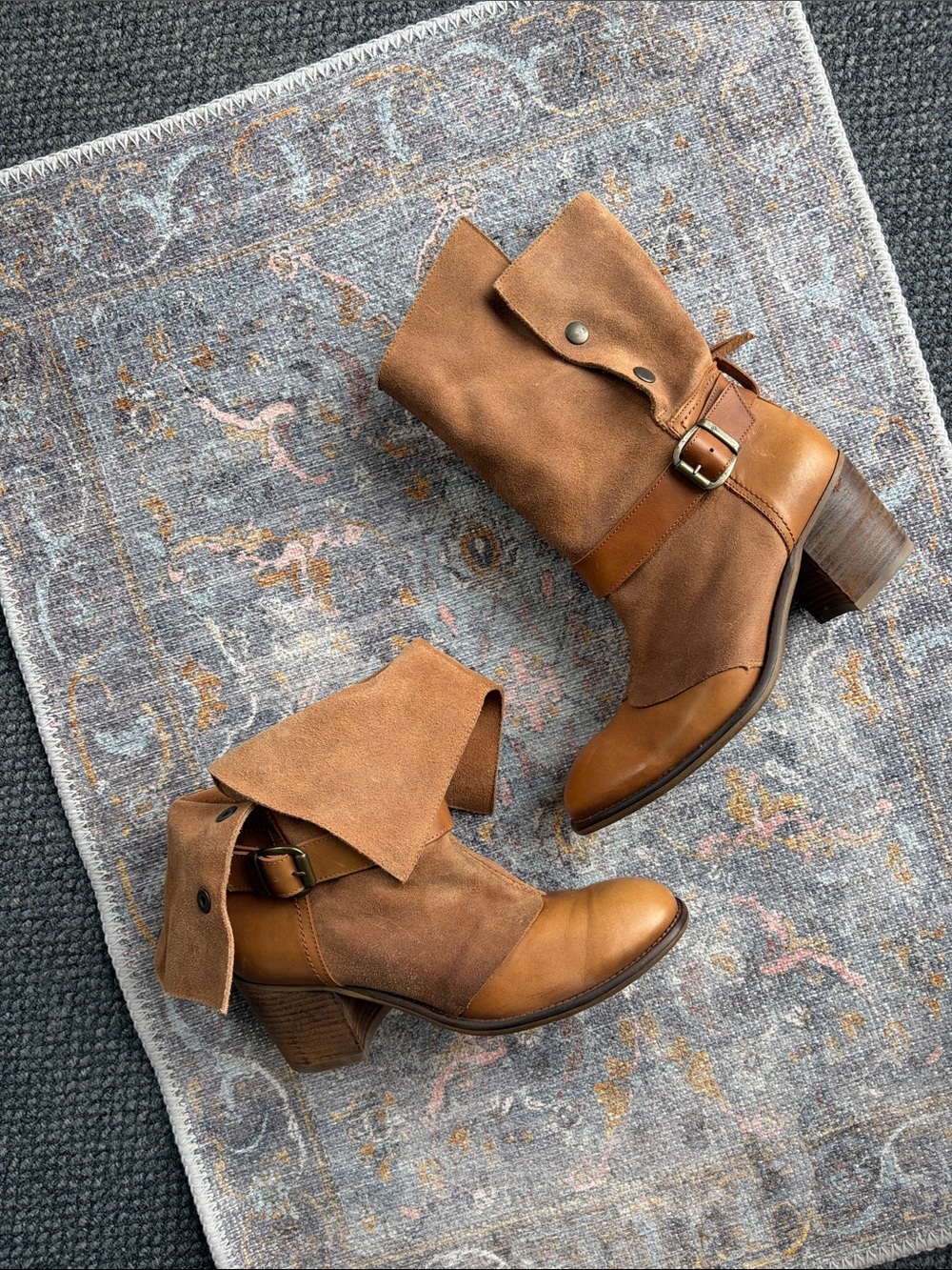 Anthro 67 Brand Leather Women's Fold-Over Mid-Calf Boots in Cognac Made in Spain